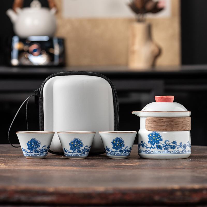 Outdoor Portable One Pot Three Cups Kung Fu Brewing Teapot Teacup Ru Kiln Travel Tea Set Gift Set