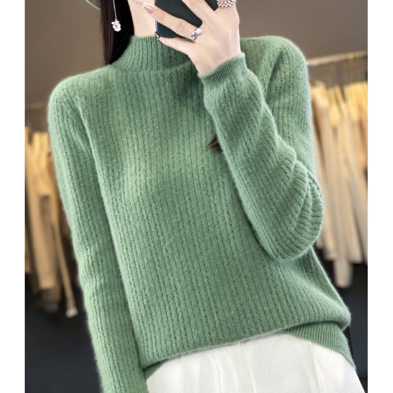 Damski sweter z półgolfem, kaszmir Qinghe, 30% kaszmiru, 70% wełny, zimowy sweter dzianinowy, jesienny sweter kaszmirowy