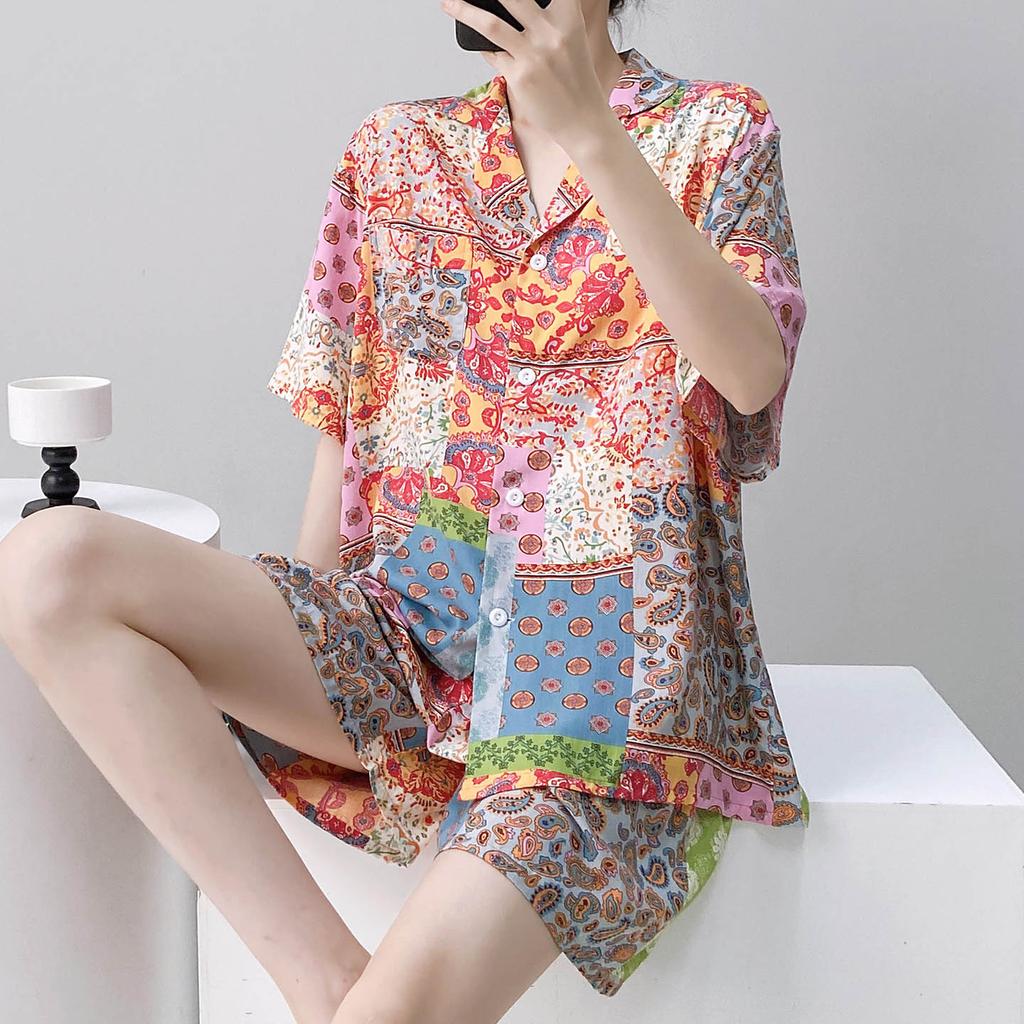 Summer cotton silk pajamas women's thin short-sleeved cardigan cute bow can be worn outside artificial cotton loungewear set