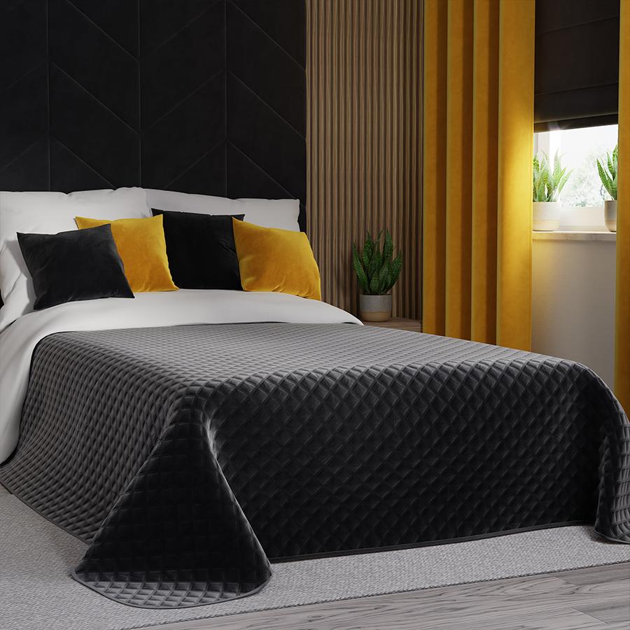 VELVI Bedspread 170x210cm - deep black with a geometric pattern