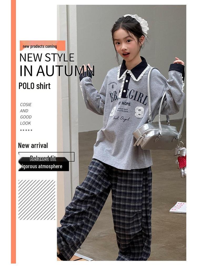 Girls' Heather Grey Long Sleeve Polo Shirt with Lace Collar - Autumn 2025 Collection