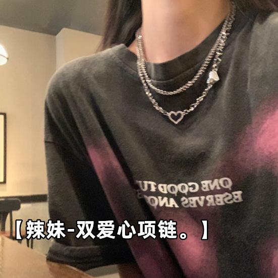 Double stacked hollow love necklace female hip hop sweet cool babes style love collarbone chain design sense necklace niche