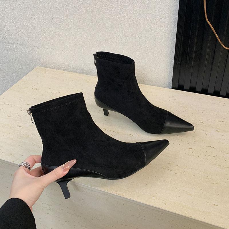 

Флок Женские Короткие Ботинки На Низком Каблуке Обувь Заостренный Носок Современные Женские Ботильоны Женская Обувь На Молнии Туфли-Лодочки 35 чёрный