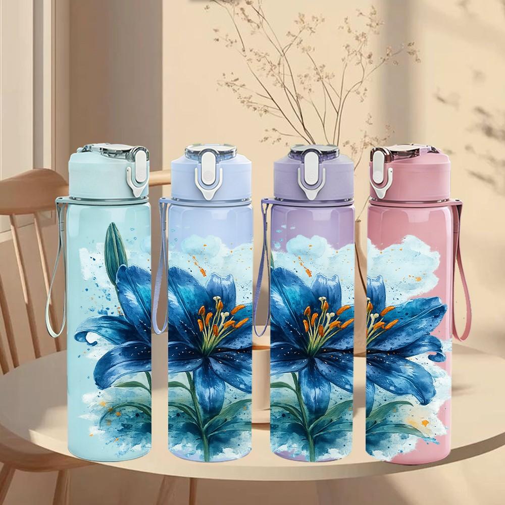 1PC Blue Poppy Watercolor Flower Pattern 750ml Color Plastic Sports Water Bottle Leakproof Flip Straw Lid Suitable for Sports Office Home Use