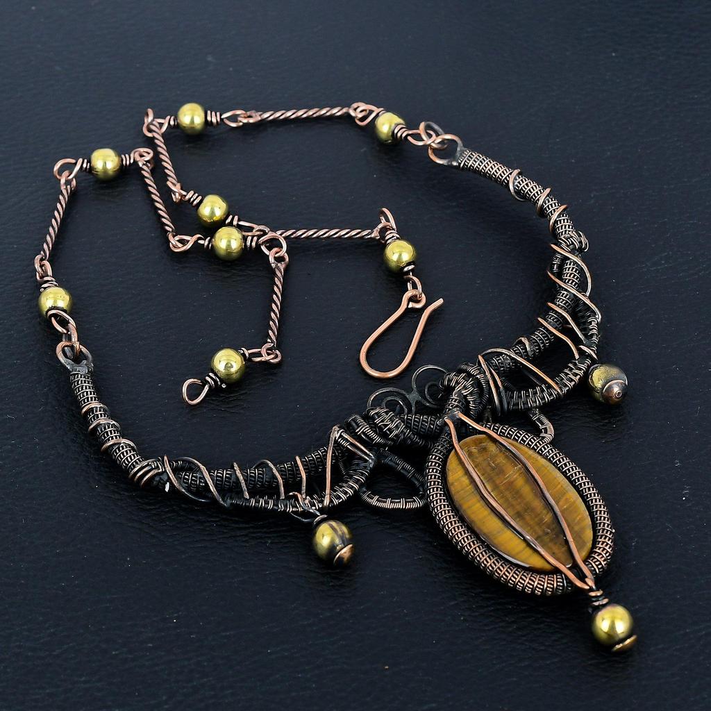 Tiger's Eye 999 Copper Wire Wrapped Necklace Adjustable, Chain Necklace Handmade Gemstone, Gift For Mom Antique Jewelry