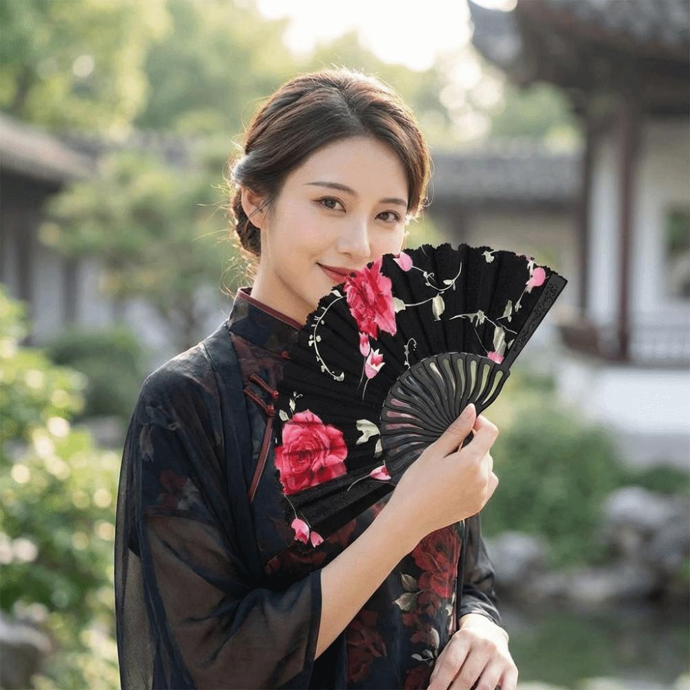 Plastic Rod Folding Fan Hollow Dance Fan Portable Flower Handheld Fan  Woman