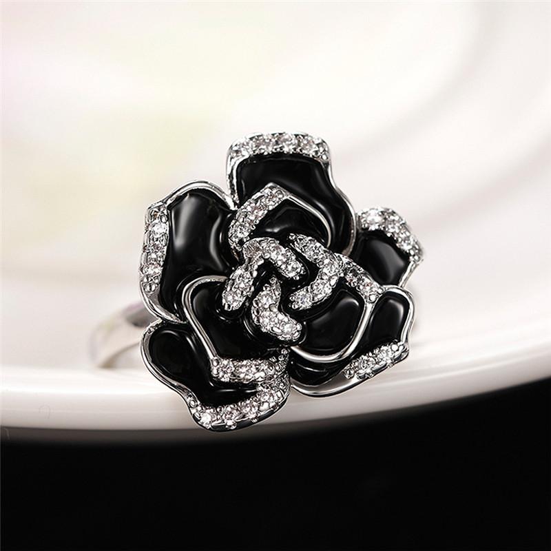 CopperRose Ring for Women Black Enamel Aesthetic Flower Rings Bridal Wedding Party Accessories Luxury Jewelry