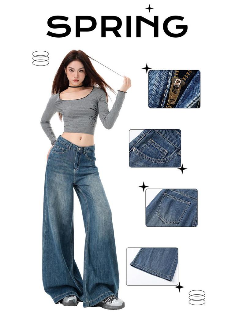 Women's Vintage High-Waisted Wide-Leg Jeans - Non-Clingy, Loose Fit for Spring and Autumn