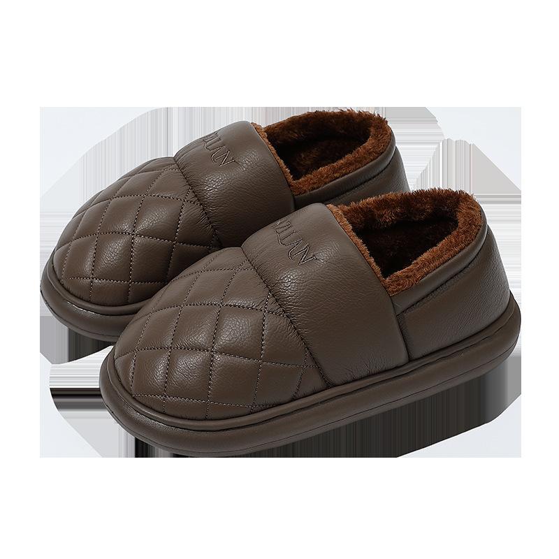 

Водонепроницаемые хлопковые тапочки для мужчин и женщин на осень и зиму 2025 новые домашние термосумка и толстоподошвенные нескользящие кожаные хлопковые туфли для улицы 44-45 темно-коричневого