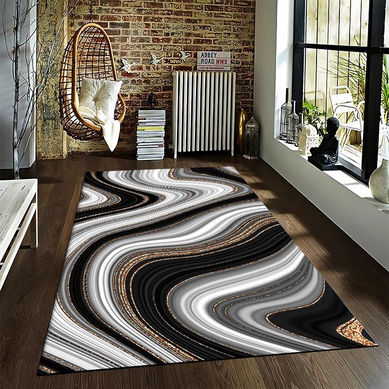 Modern Abstract Wave Design Carpet in Black, White, and Gold Tones Suitable for use as an anti-slip for living room bedroom sofas