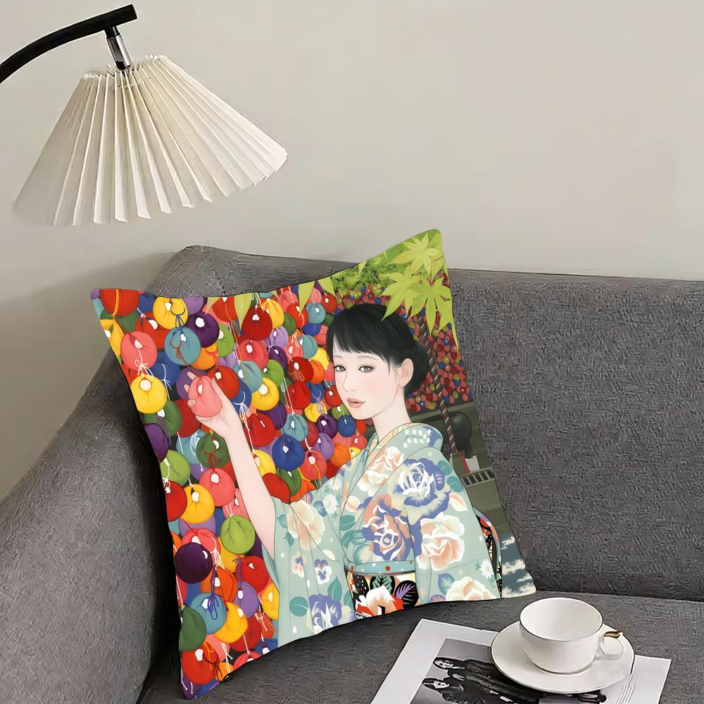 Kimono Girl Japanese Style Cushion Cover Pillowcase Ultra Soft Skin Friendly Fabric Cloud Like Comfort Concealed Zipper