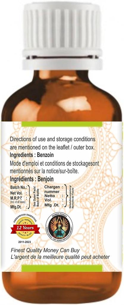 Greenwood Essential Benzoin Essential Oil (Styrax benzoin) Pure | Viscous Texture | Rich Aroma | Unisex | All Skin Types |Natural Extract Steam D