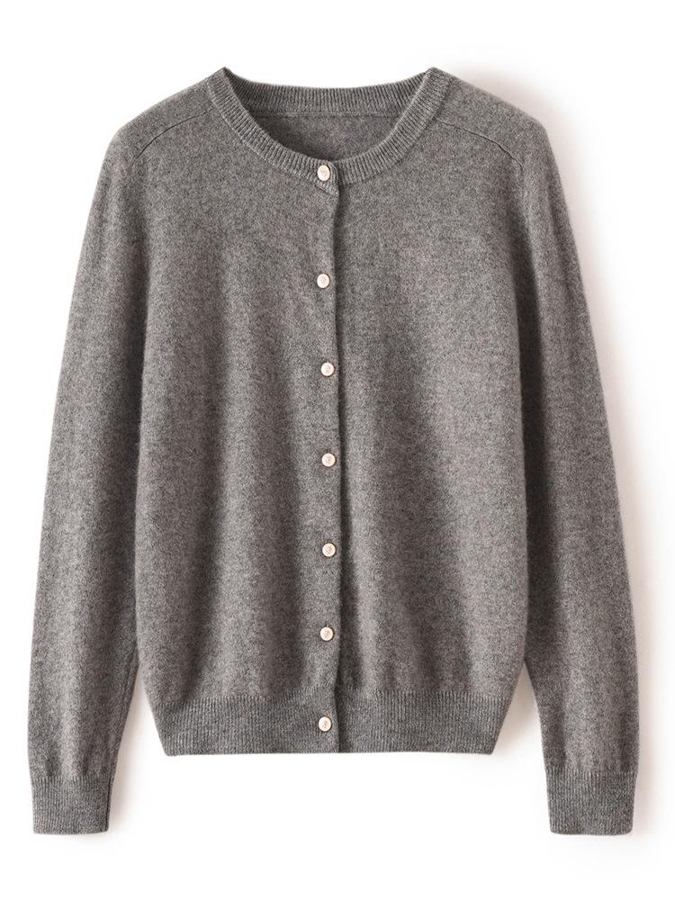 Women's Round Neck Cashmere Knit Cardigan - Long Sleeve, Loose Fit, Fashionable Outerwear for Autumn/Winter