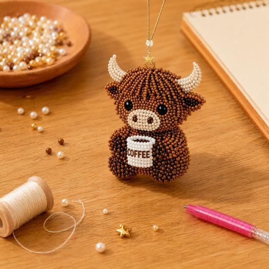 DIY Highland Cow Beading Kit Cute 3d Cow Bead Craft Pendant with Colorful Beads