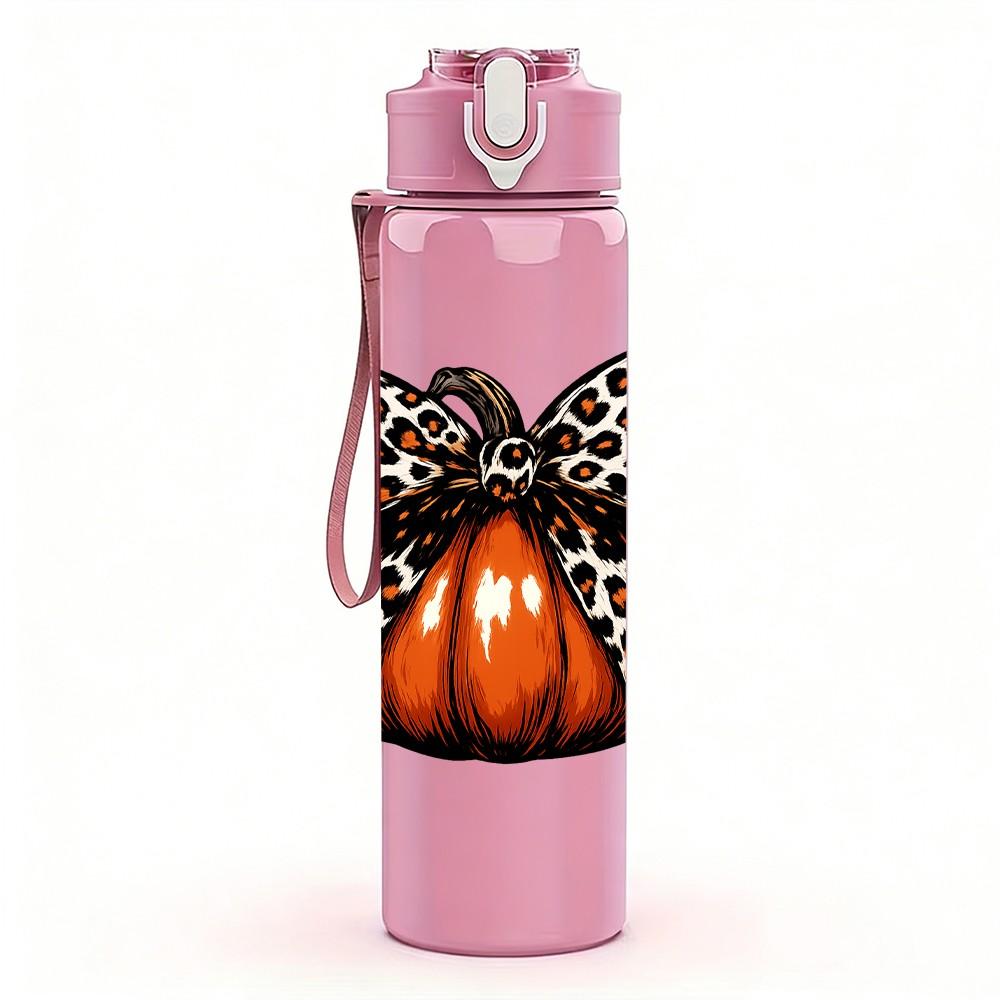1PC Leopard Bow Pumpkin Fall Print 750ml Color Plastic Sports Water Bottle Leakproof Flip Straw Lid Suitable for Sports Office Home Use
