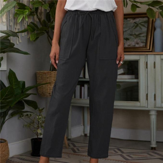 Fashion Women's Cotton Linen Pants Solid Color Pockets Elastic Waist Loose Casual Pants