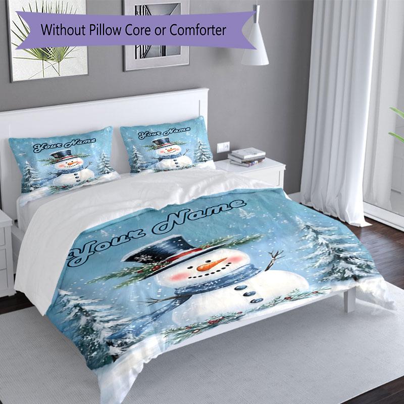 3PC Custom Name Winter Snowman Scene Bedding Set Duvet Cover Closure Includes 1 Duvet Cover & 2 Pillowcases for Bedroom