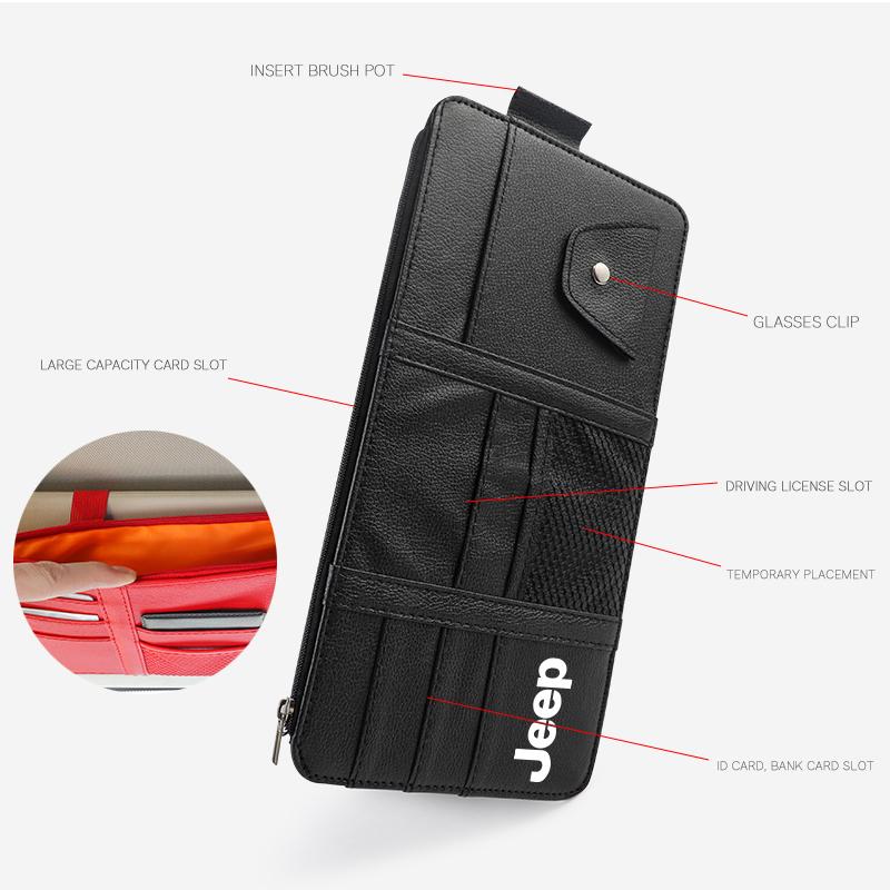 Car Sun Visor Organizer Glasses Clip Pocket Card Storage For Jeep Grand Cherokee Wrangler JK Gladiator Compass Renegade Patriot AMS1