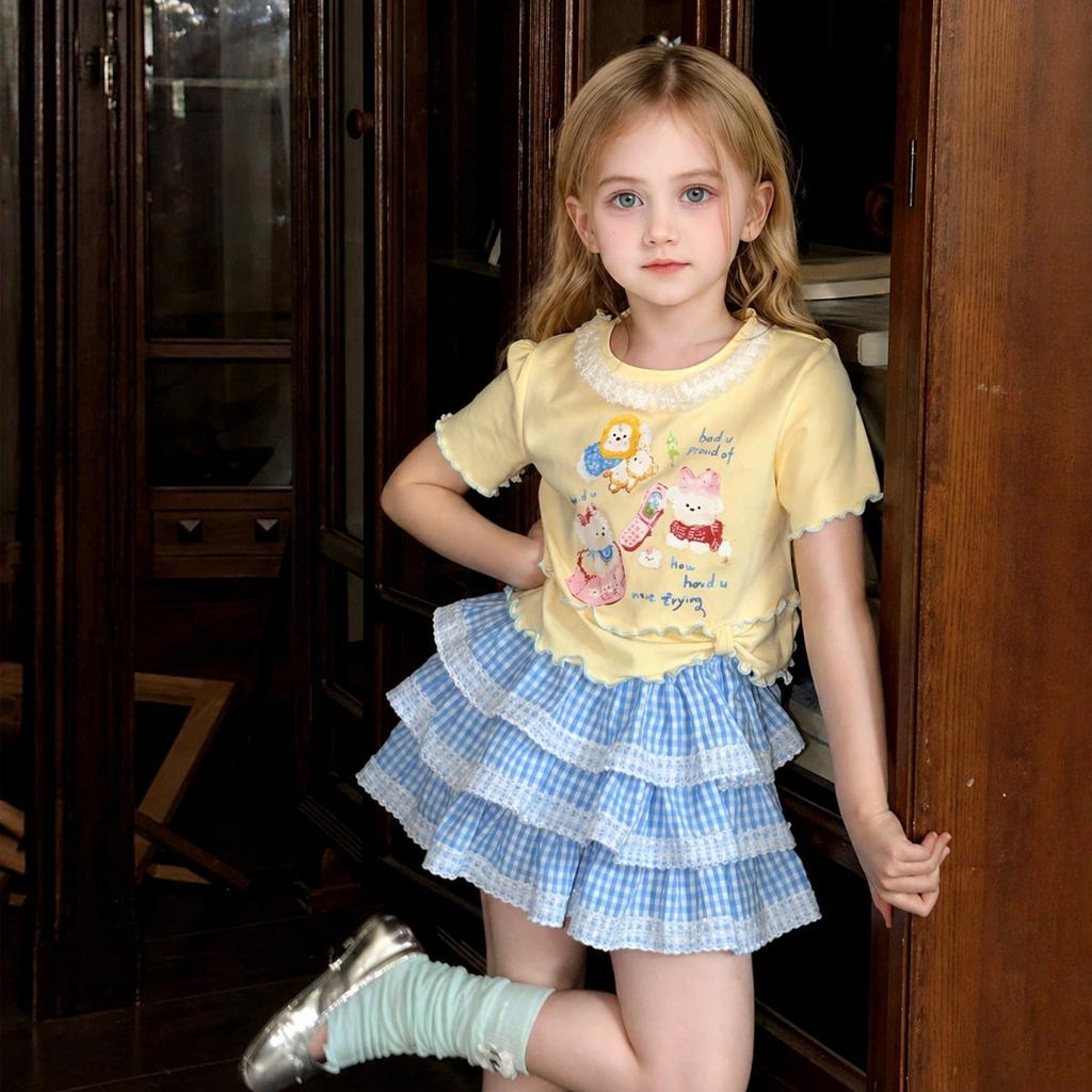 Girls Summer Cotton Cartoon T Shirt Sweet Lace Short Sleeve Top Baby Cute Thin Blouse