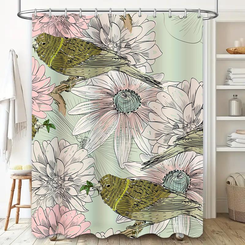 Vintage Floral Birds Shower Curtain Pink White Green Flower Pattern Home Decor Bathroom Rug Drape Waterproof Fabric Printing 305