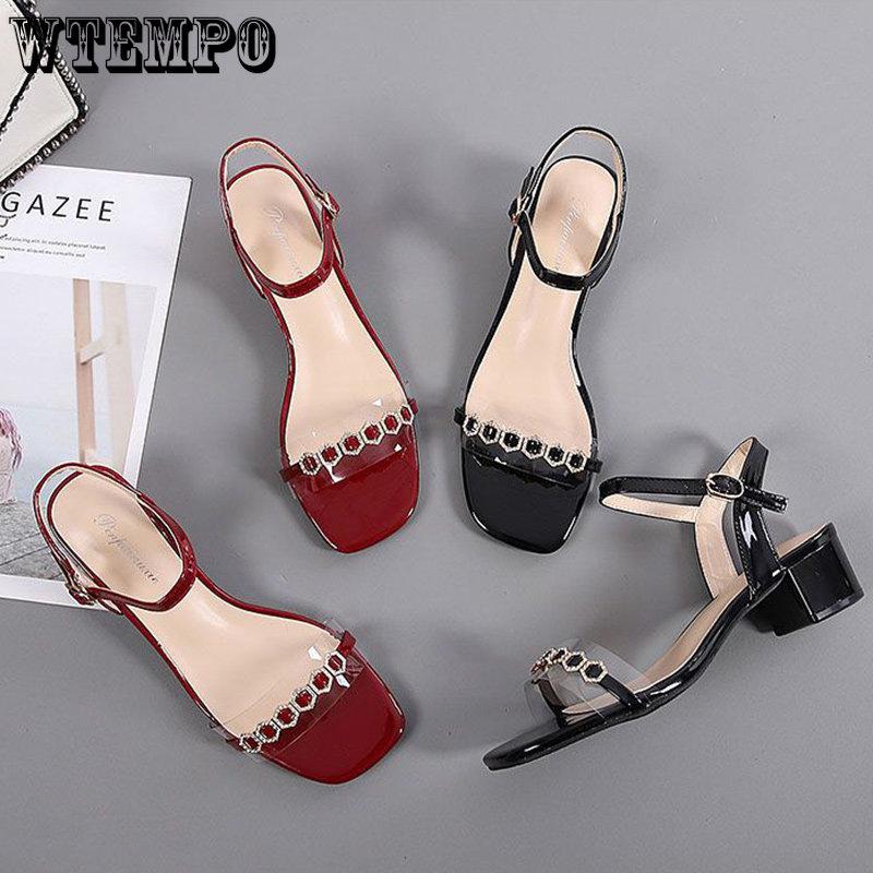 Women's Fashion High Heel Sandals Summer Leather Low Heel Simple Sexy Square Head Fairy Wind Sandals | Sequins Rhinestones A Buckle | PU Material