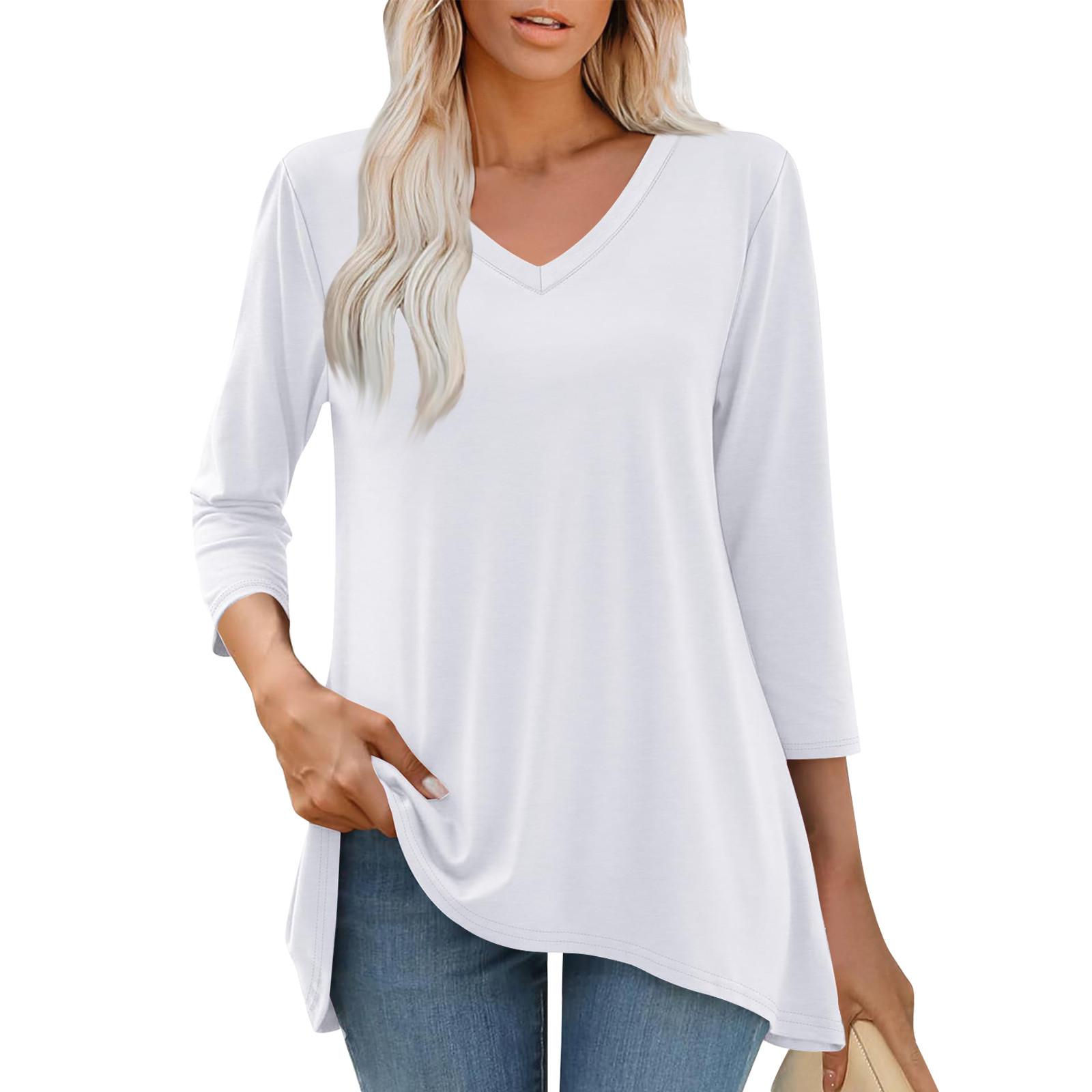 

Рубашки с рукавом 3/4 для женщин, футболки с принтом, блузки, повседневные базовые топы больших размеров, пуловеры S белый