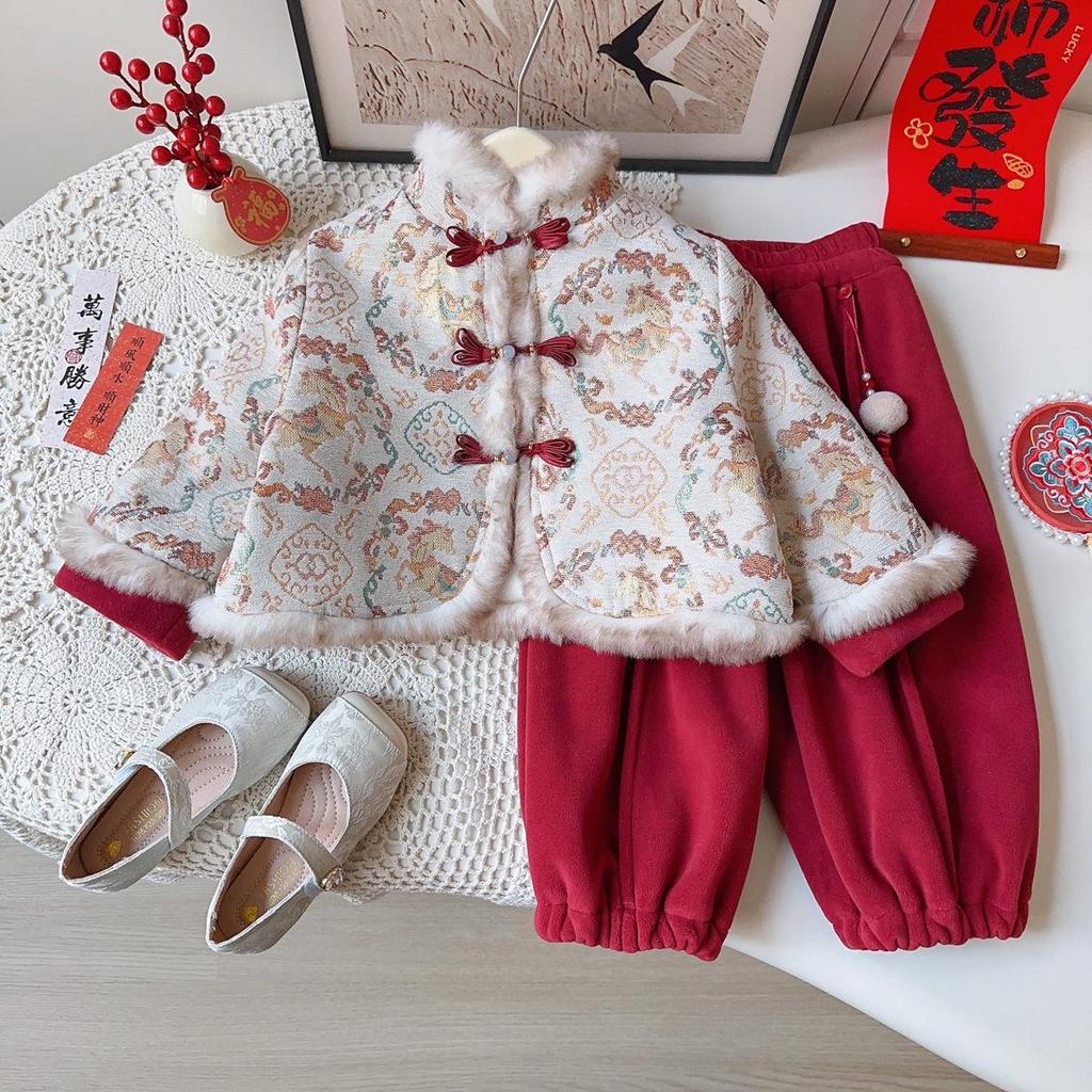 Girls' Winter Chinese Style Suit: New Arrival Thickened Jacket & Trousers Two-Piece Set