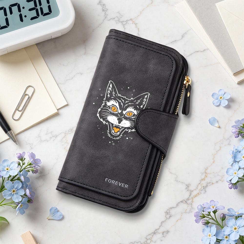 Dark Cat Pattern Long Wallet Forever Multi Card Holder Zipper Purse