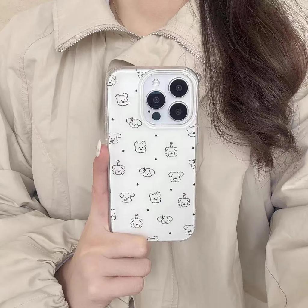 Simple Cartoon White Cute Puppy INS Korean Phone Case For IPhone 17 Air 16 15 14 Plus 13 12 11 Pro Max Y2K Clear Black Cover