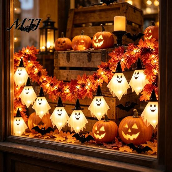 Seasonal Decorative Props for Events 70 Inch Halloween Light Up Ghost Garland, Spooky Maple Leaf String with 10 Funny Festival Room Decor Ghosts,