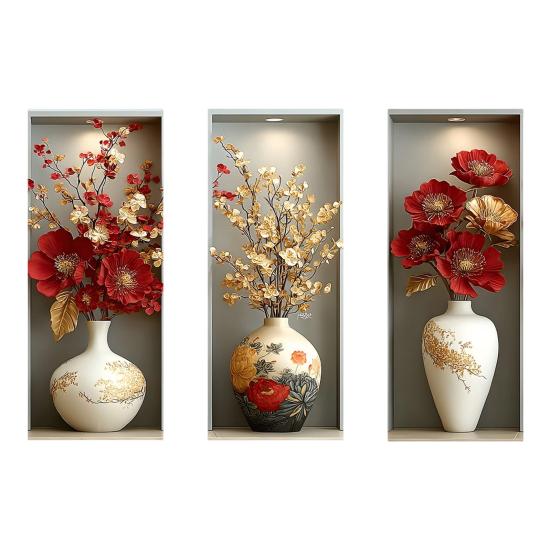

3 Sheets 3D Flower Vase Wall Stickers Faux Floral Wall Decals Peel And Stick Wall Art Mural for Living Room Bedroom Office Home Decor