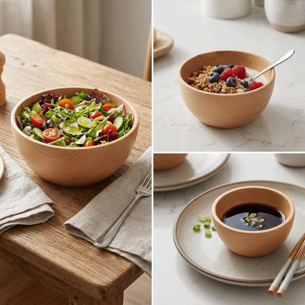 Whole Carved Rice Bowl Smooth Wood Tableware Reusable Soup Bowl Cuisine Serving M
