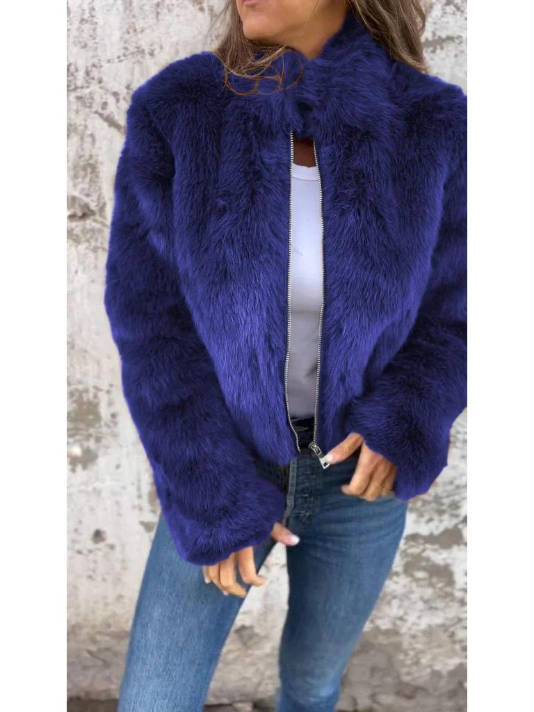 European & American Women's Fur High Neck Zipper Casual Top Coat - 2024 Autumn/Winter Collection