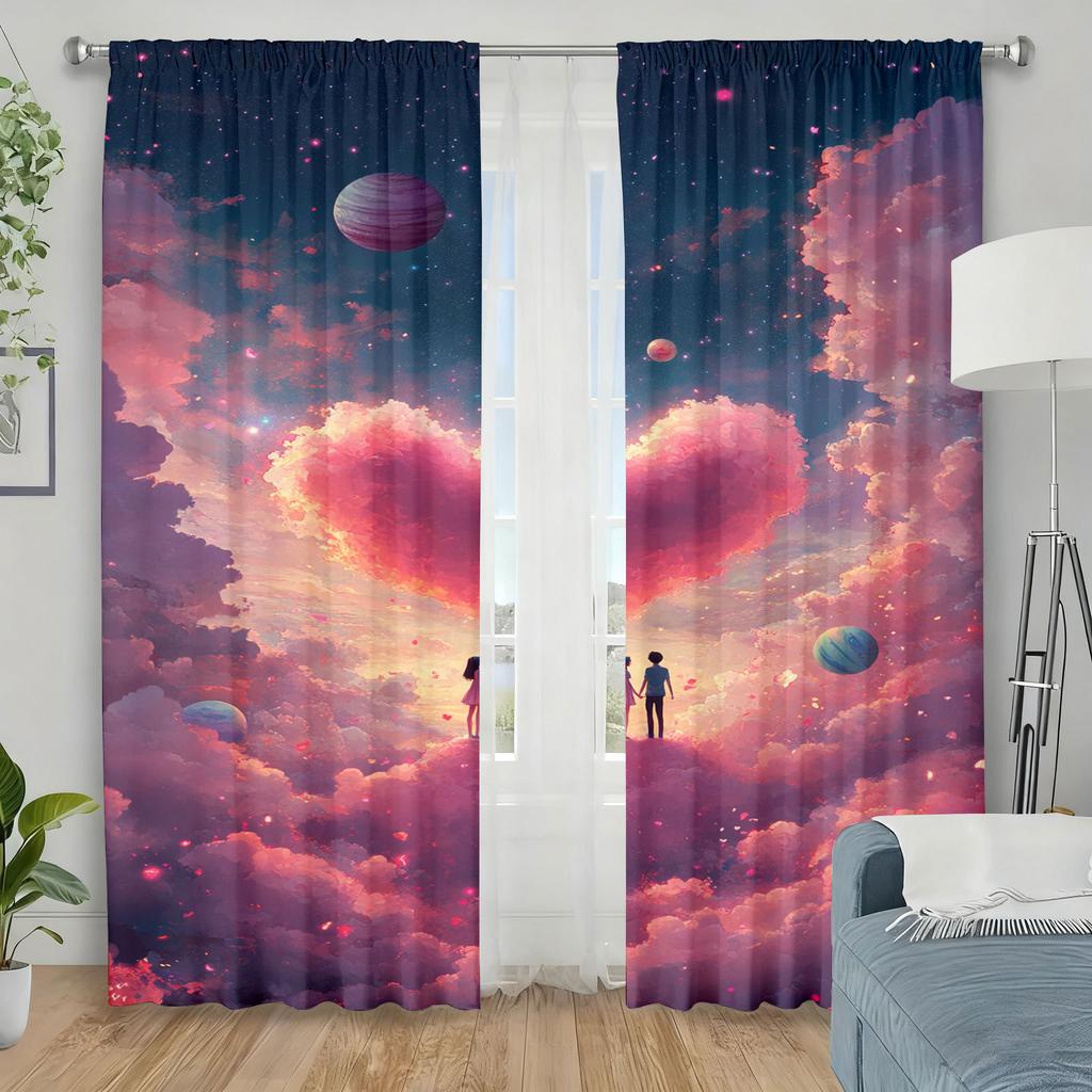 2pcs Dreamy Cosmic Couple & Heart Cloud Curtains   Perfect for Valentine's Day/Fantasy Window Decor  Rod Pocket Curtains
