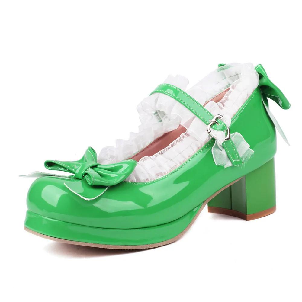 

2025 Большой размер 43 Женские туфли Мэри Джейн конфетных цветов с бантом и оборками, черные, розовые, на платформе, на милом блочном каблуке, обувь Лолиты 43