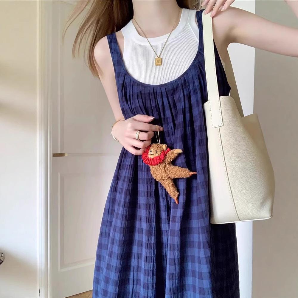 Blue Plaid Light Suspender Dress Women's Summer Loose Belly Cover and Thin Holiday Style Sleeveless Vest Long Skirt