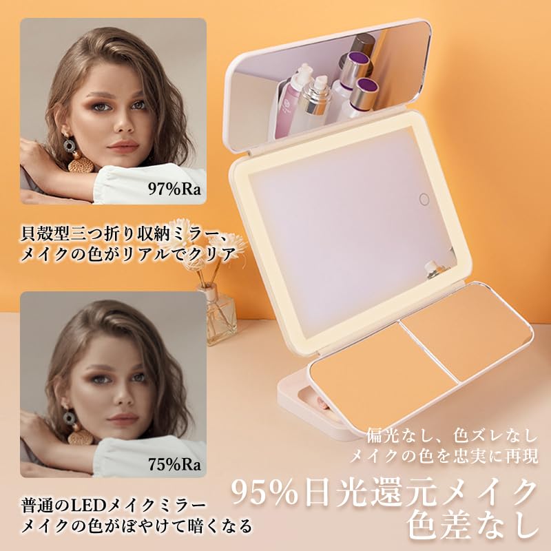Actress Mirror with LED Makeup Tabletop 3 Color USB Touch Memory White Mirror, Three-Way Light, Mirror, Mirror, 2x/3x Magnification, Switching, Type-C