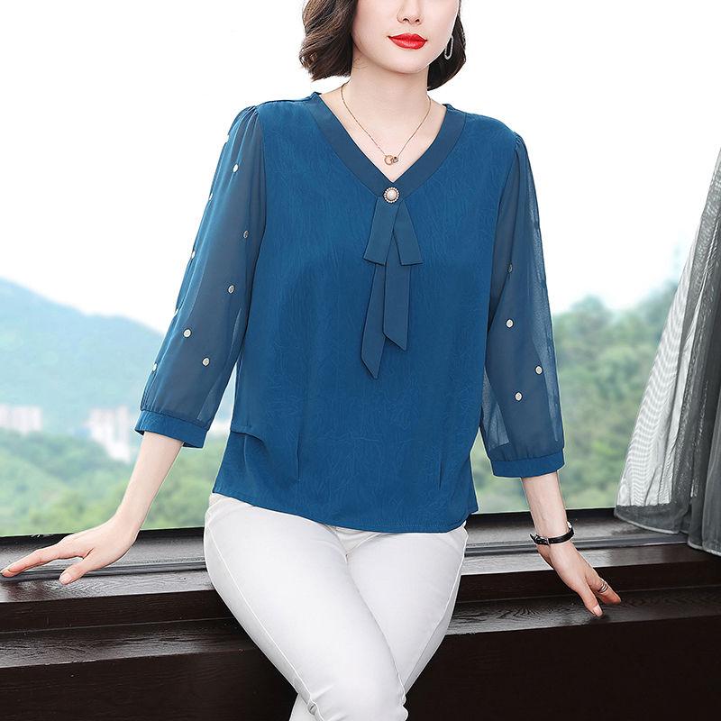 Summer Middle-aged Fashionable Temperament V-neck Ribbon Embroidered Seven Quarter Sleeve Chiffon Shirt Top for Women