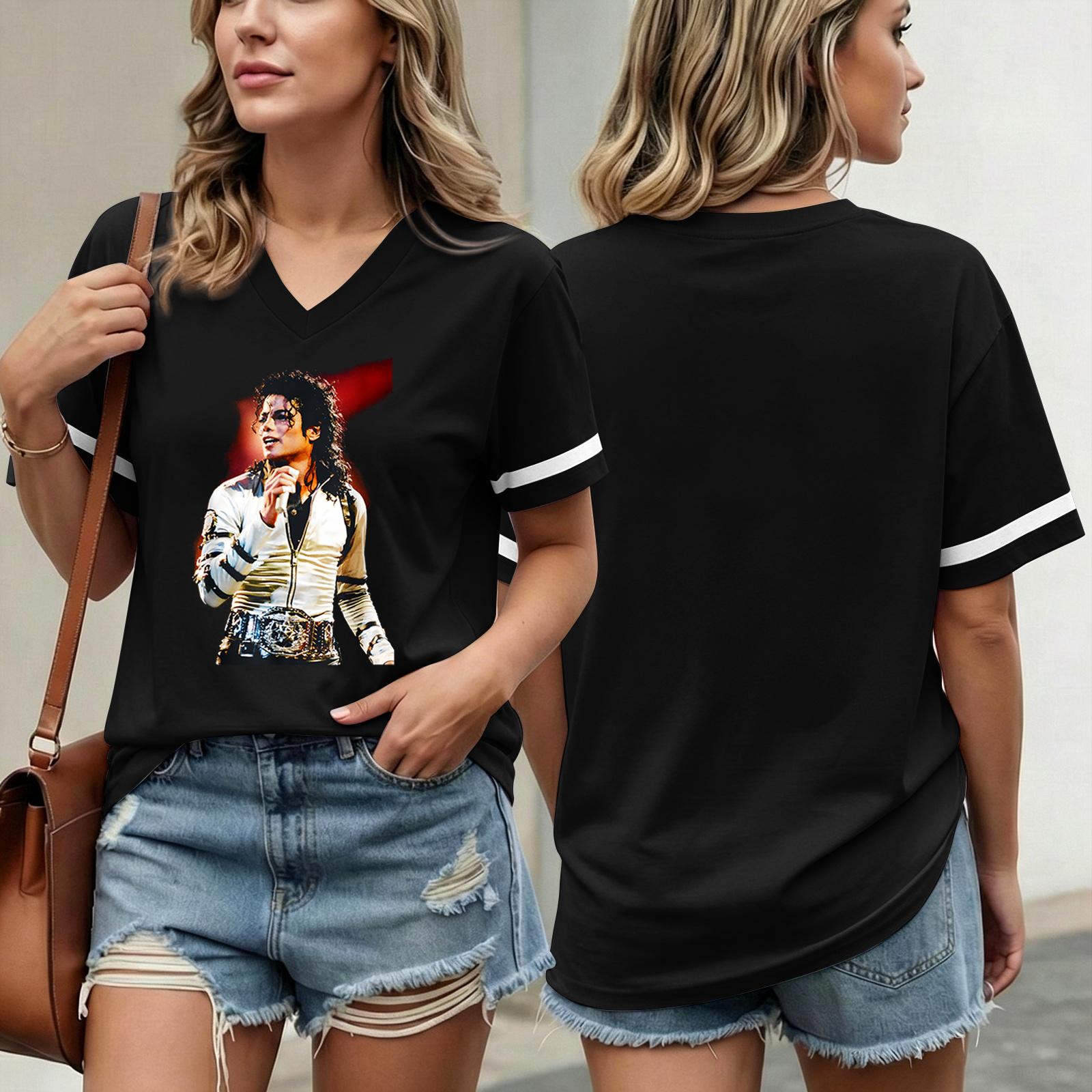 

Women s Fashionable Casual Short Sleeved Printed T-Shirt V-neck Top L чёрный