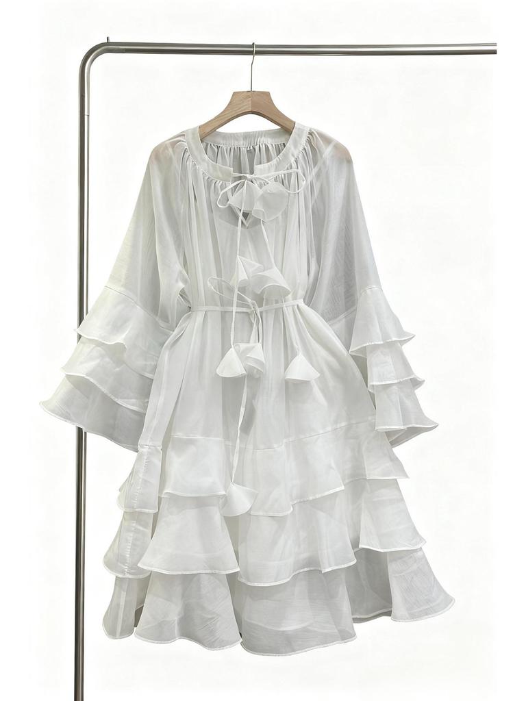 Vietnam Niche Design Multi-layer Ruffle Tie-neck Patchwork Flounce Skirt