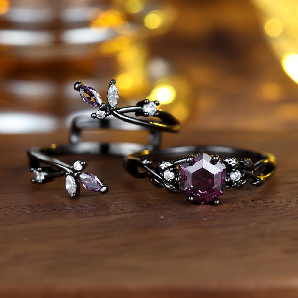 Retro Black Ring Set for Women Purple Hexagonal Zircon Finger Ring Wedding Bands Engagement Jewelry Gift