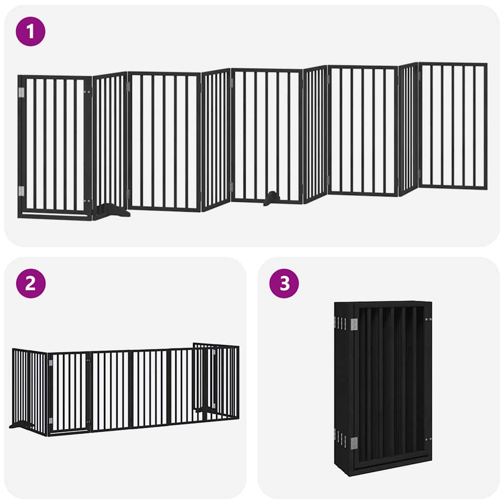9 Piece Foldable Dog Gate with Door Black 450 cm Poplar Wood