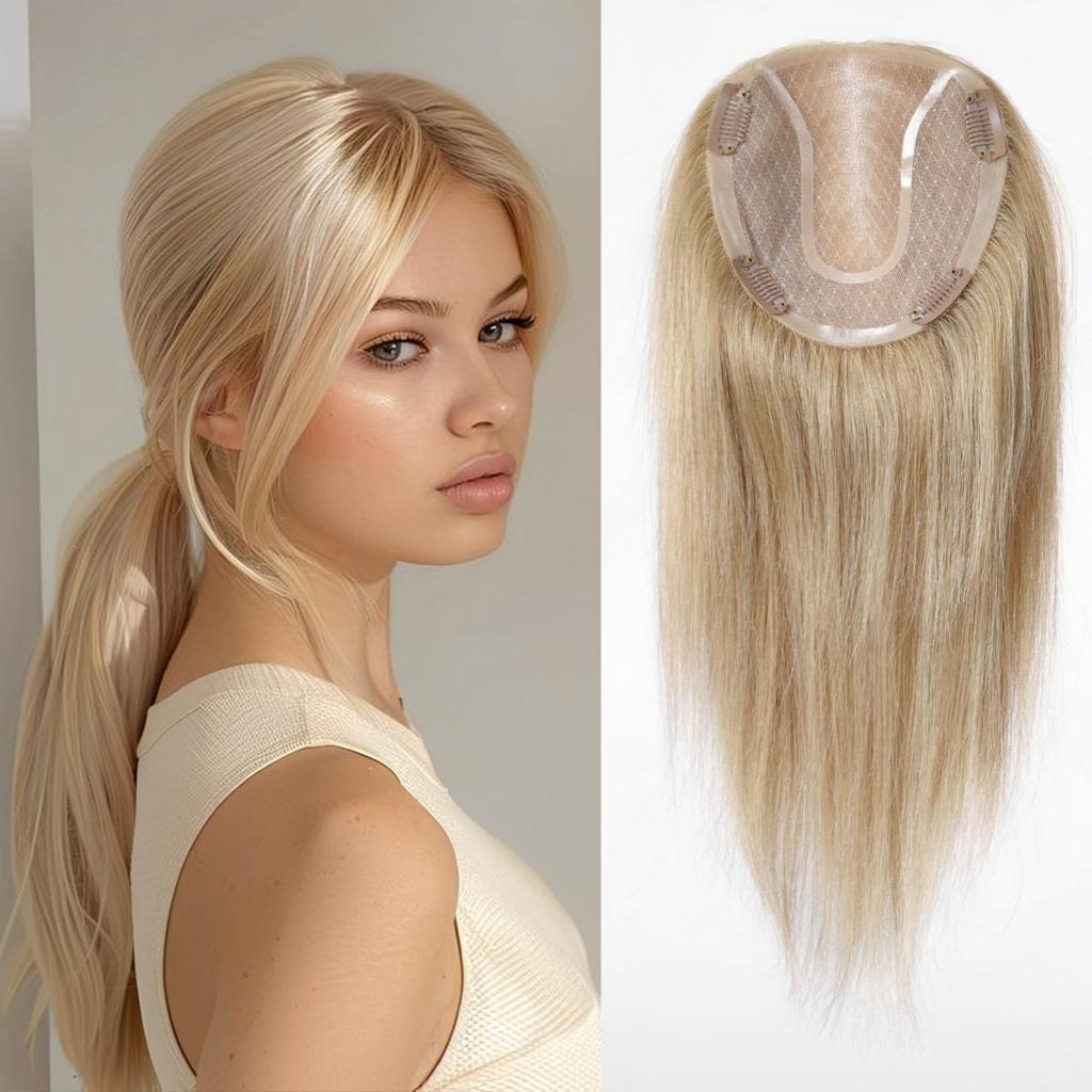 HAIRCUBE Light Blonde 14 Inch Human Hair Toppers with Dark Roots for Women 4 Clips Pieces with Thinning Hair In Mono Lace Base Toppers
