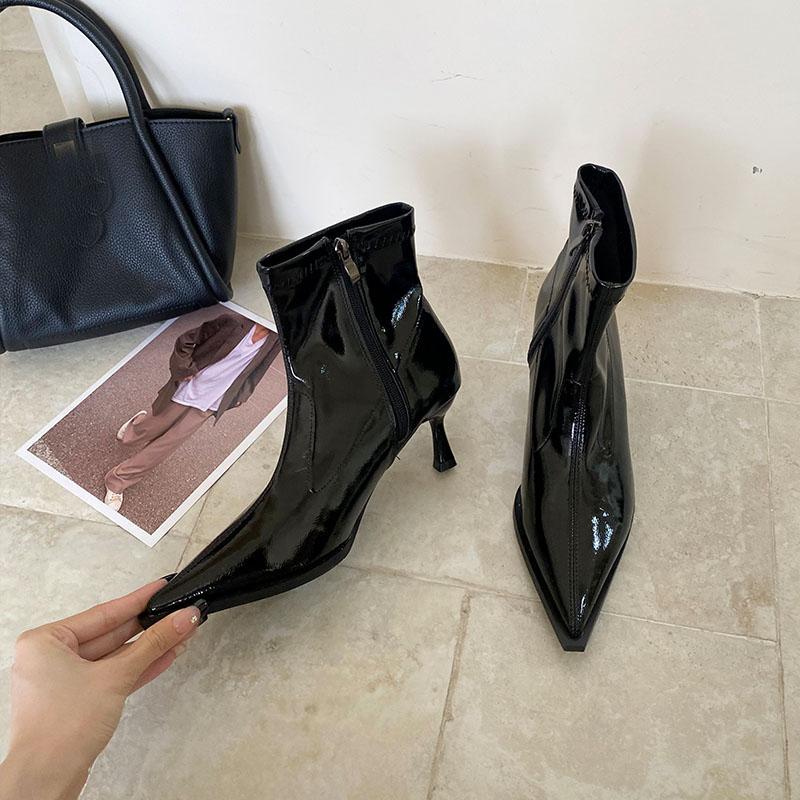 

Модные женские ботильоны с острым носком, современные женские ботильоны на молнии, модные эластичные женские короткие ботинки-стрейч на каблуках 35 чёрный