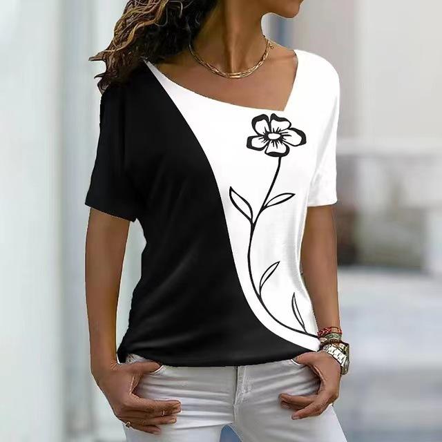 Women's Short Sleeved T-shirt with Slanted Neckline Pattern and Digital 3D Printed Women's T-shirts