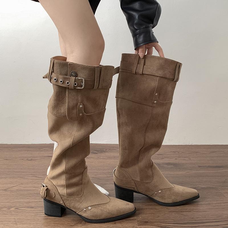 Fashion Vintage Rivet Hottie Women Knee-High Boots Fashion Belt Buckle Female Pleated Knight Long Booties Shoes
