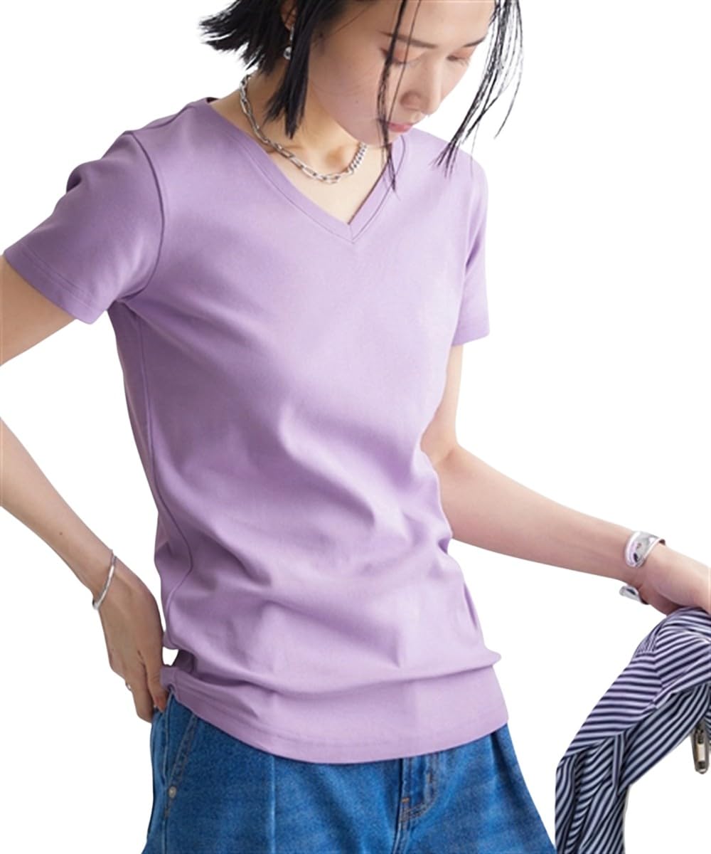 

и хлопок 3L [Nissen] Женские футболки, трикотажные рубашки, устойчивые к УФ-излучению, 100% материал, V-образный вырез, футболка с коротким рукавом, лавандовый,