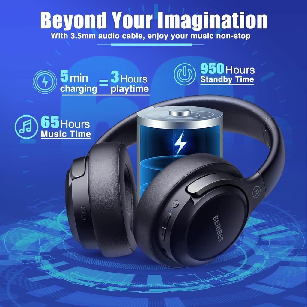 BERIBES Bluetooth Headphones Over Ear, 65H Playtime and 6 EQ Music Modes Wireless Headphones with Microphone, HiFi Stereo Foldable Lightweight