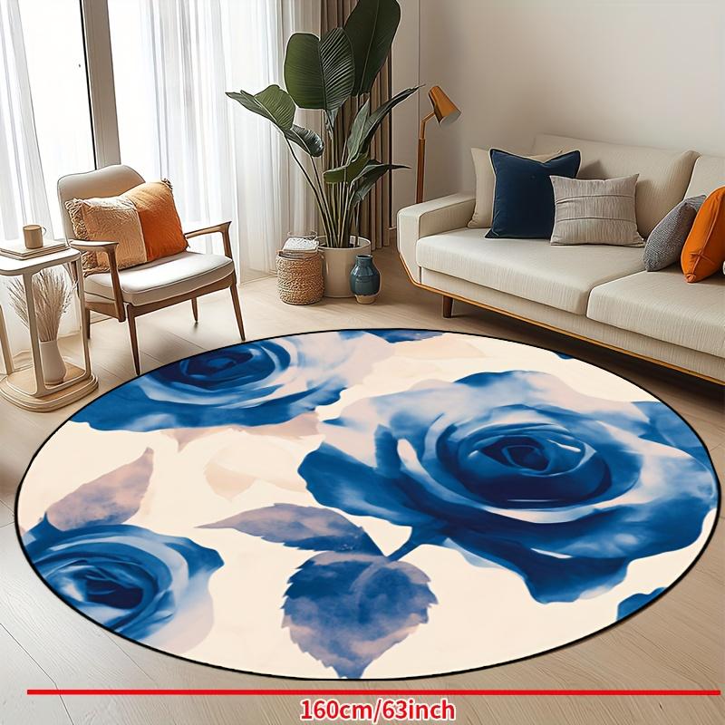 Luxury  Blue Rose Pattern Round Shape Floor Mats Kitchen Hallway Runner Rug Bedroom Living Room Soft Carpet Non-slip Area Rug