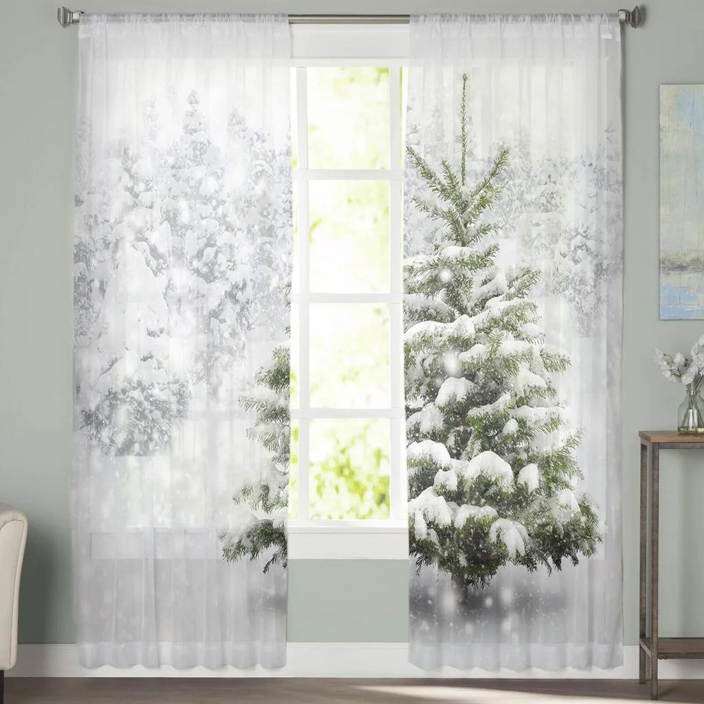 Christmas Snow Land Tree Snowflake TCurtains For Living Room Bedroom Kitchen Decoration Window Tulle Curtain